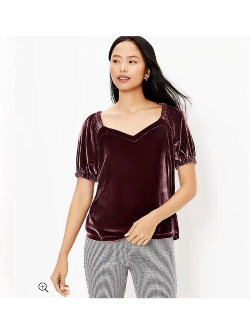 LOFT Velvet sweetheart-Neck Puff Sleeve Top in Burgundy size medium petite